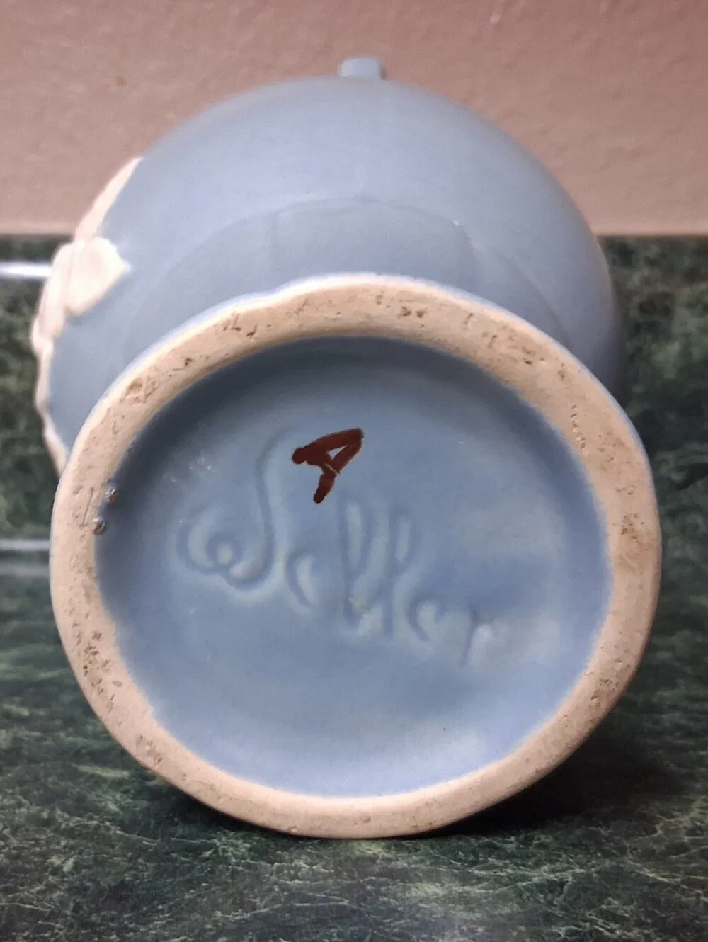 Vintage Weller Pottery Flower Vase Blue w/White Cameo Flowers 7.25
